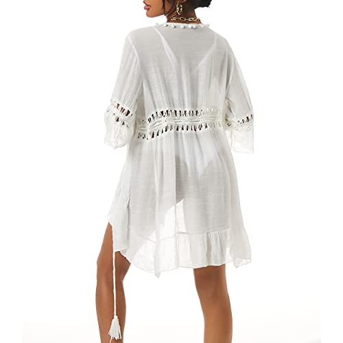 Zaful Women's Beach Swimsuit Cover Up Pom-Pom Crochet Panel Ruffle Cover-Up Dress (0-White, One Size) #TOP2