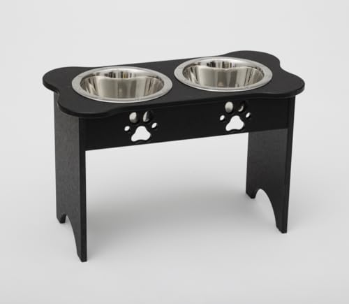 2 qt. 15 in. Tall High Double Poly Wood Dog Bowl with 2 Stainless Steel Bowls Black