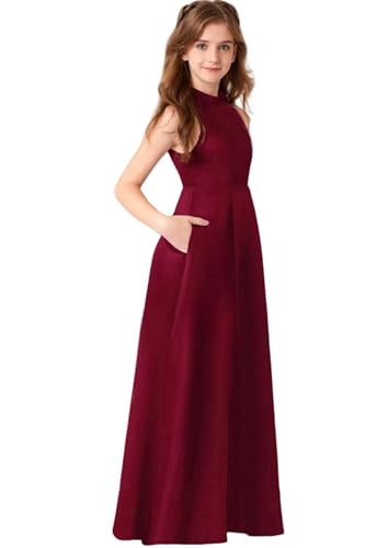 Satin Junior Bridesmaid Dresses for Wedding Halter Neck Formal Flower Girl Dress for Teens with Pocket
