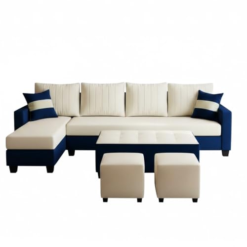 Image of FURNY Avenue 8 Seater Fabric LHS L Shape Sofa Set with 1 Centre Table & 2 Puffy (Cream-Dark Blue) Premium Velvet Finish