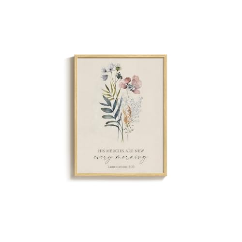 Framed Christian Wall Art, Vintage Neutral Beige Pastel Floral Canvas Picture Print, His Mercies Are New Every Morning Scripture Decor for Living Room Bedroom Kitchen, 12x16 Inch