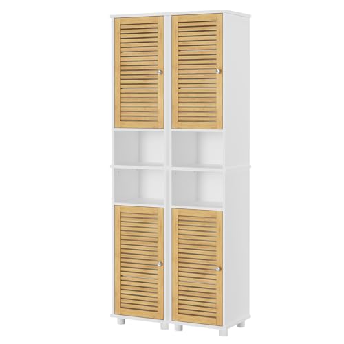 FORABAMB Meuble Colonne Salle de Bain Haute Avec 2 Étagères Ouvertes et 2 Portes en Bambou, Pour Salon, WC, Cuisine, Entrée, 30 × 32 ×190 CM, Lot de 2