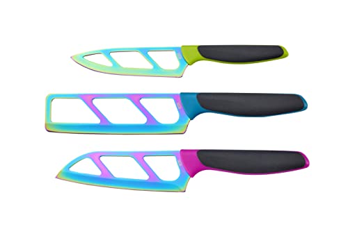 Tasty Easy Breezy 3 Piece Knife Set – Titanium Coated Kitchen Knives with Open Blade Design, Ergonomic Soft Grip Handles, Iridescent Finish, Nakiri Santoku and Utility Knives
