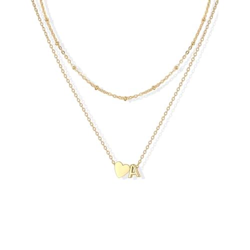 U7 Layered Heart Initial Necklace for Women,Tiny Silver/14K Gold Plated Heart Initial A-Z Letter Pendant Necklaces,Adjustable 16"- 18" Valentines Birt