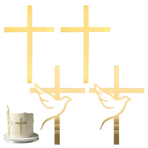 YUZNA Lot de 4 décorations de croix et colombes en acrylique, pour communion, baptême, mariage, filles et garçons