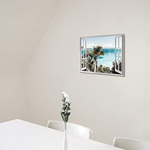 Beach Window Canvas Wall Art: Ocean Seaside Picture Tropical Palm Tree Artwork Print On Coastal Seascape Painting For Bedroom Decor (12X16) #TOP4