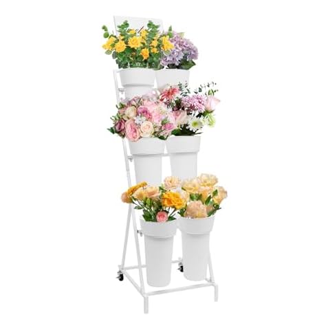 Tapischion Flower Display Stand with 6 Buckets, Plastic Flower Vases 3 Layers Plant Cart with Wheels And Advertising Board Suitable for Homes Florists Courtyard Garden Banquet Wedding (White) Cover
