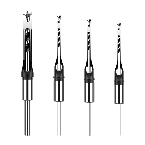 HUHAO 4pcs Square Hole Drill Bits, Mortise Chisel Drill Bit Tools 1/4\", 5/16\", 3/8\", 1/2\" HSS Woodworking Hole Saw Mortising Chisel Mortiser Drill Bit Set Attachment for Mortise and Tenon Machine