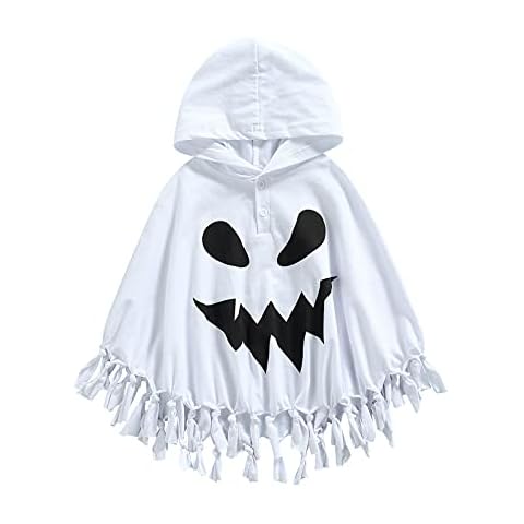 kacubwyy Halloween Kids Suit Set Cartoon Pattern Print Round Neck Cloak Solid Color Hat for Infant Boys Girls Long Cloak Cape (D-White, 3-4T) Cover