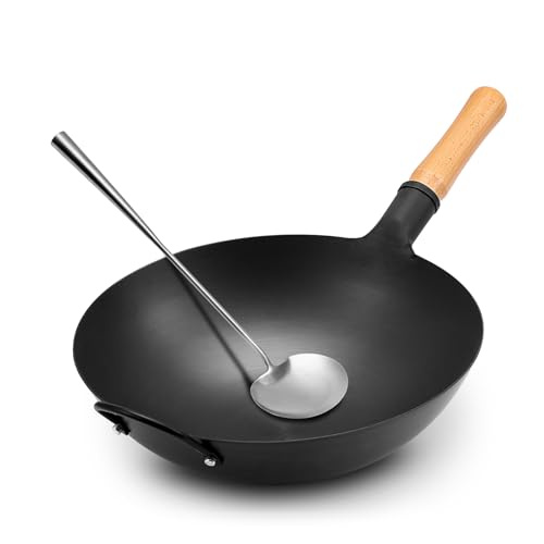WANGYUANJI Iron Wok, 14.17’’ Traditional Round-Bottom Wok, Chef’s Professional Stir-Fry Pan with Wooden Handle, Chemical-Free Iron Wok for Gas Stoves and Round-Bottom Induction Stovetop