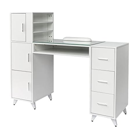 OmySalon Manicure Table Nail Desk for Nail Tech w/Glass Top & Wrist Rest, Beauty Salon Nail Supplies Decor Workstation Acetone Resistant w/3 Side Cabinet+3 Drawers+3 Layers Open Cabinet+1 Open Drawer Cover
