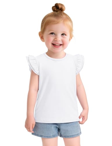 Witwot Toddler Girl Shirts Baby Girls Ruffle Sleeves Blouse T-Shirts Basic Cotton Tee Tops Cute Clothes White 2T