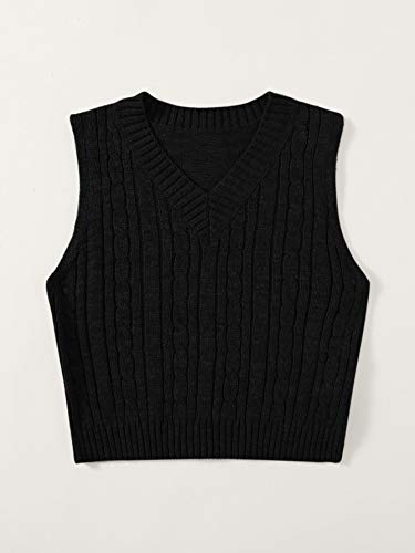 Sweatyrocks Women's V Neck Sleeveless Cable Knit Sweater Vest Top Black S #TOP4