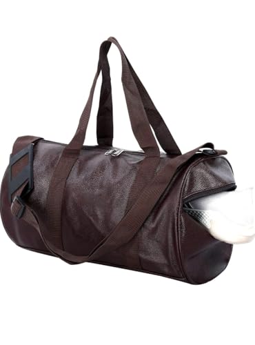 Image of Treggo Set of 2 Brown Leather Duffel Bags: Large Cylindrical Travel & Gym Bag Combo - Durable Weekender Overnight Carry-on Set with Shoulder Straps