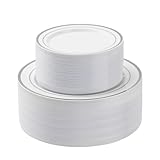 BESTSTAR 100 Piece Silver Rim Plastic Plates - 50 Dinner Plates 10.25' & 50 Dessert Plates 7.5' - Premium White Disposable Plates, Heavy Duty & Elegant for Wedding, Party, and Formal Events