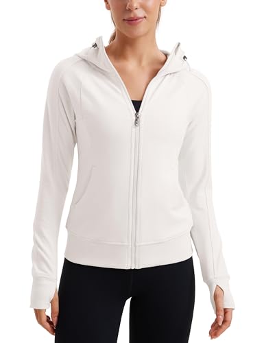 CRZ YOGA Womens Fleece Full Zip Hoodie Jackets Workout Hooded Zipper Basic Casual Sweatshirts with Thumb Holes Milky White (Bone) X-Large