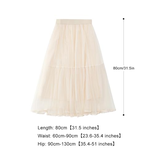 Summer Elegant Pleated Solid Elastic Waist Tulle Patchwork Flare Women Midi Skirt2