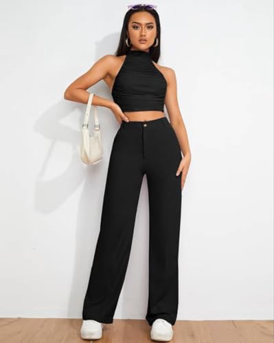 Image of Toochki Trousers for Woman Pants Women's Formal Office Korean | Black Track Pant | Straight | Cotton Spandex Stretchable Trouser | High-Waisted Bottom Wear