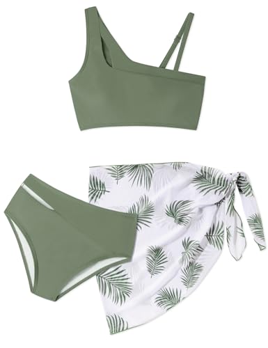 oklady Girls Swimsuit 3 Pcs Bathing Suits Cute Cutout Bikini Sets with Tropical Floral Cover Up Skirt 7-16 Years