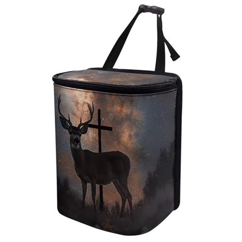 Image of Talayituse Galaxy Deer Cross Print Car Trash Bin, Large Size Auto Trash Can Adjustable Portable Garbage Can with Lid, Vehicle Hanging Bag for Headrest Front Back Seat