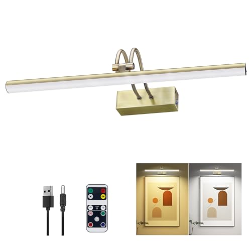 Image of Picture Light,5000mAh Battery Wall Sconce,16inch Art Light,Antique Brass | 2 Colors Photo Lights Rechargeable,Remote Timer and Dimmer Gallery Light,Metal Painting Light for Portrait Display Frame
