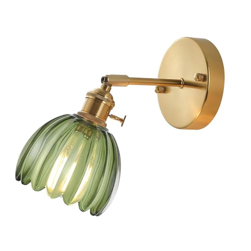 EKSED Applique Murale Vintage en Verre avec Douille E27 et Interrupteur Rotatif, Applique Murale Décorative avec Abat-Jour en Forme de Pétale pour Chambre, Couloir ou Salon (vert, lot de 1)