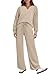 REORIA Damen V-Ausschnitt Jogginganzug Zweiteiler Trainingsanzug Hausanzug Sport Set Elegantes Outfit Lounge Set Khaki M