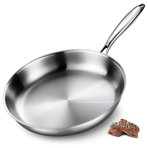 Image of SAKAMOSH 12 Inch Tri-Ply Stainless Steel Frying Pan, Induction Compatible Skillet, Large Frying Pan, Oven and Dishwasher Safe, Fast & Even Heat, PFOA & PTFE Free