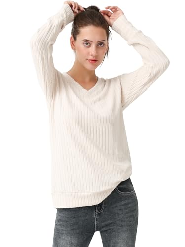Image of Women's Long Sleeve Shirt V Neck Autumn Loose Top Lightweight Sweater Fashion Outerwear Casual Ladies Tops Beige