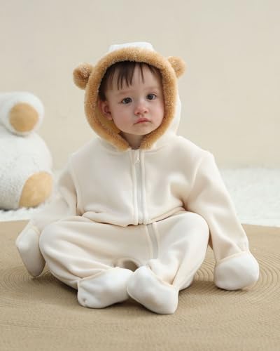 Baby Jumpsuit with Cute Bear Hoodie Warm Fleece Lined Newborn Snowsuit Rompers for Fall Winter 0-18 Month3