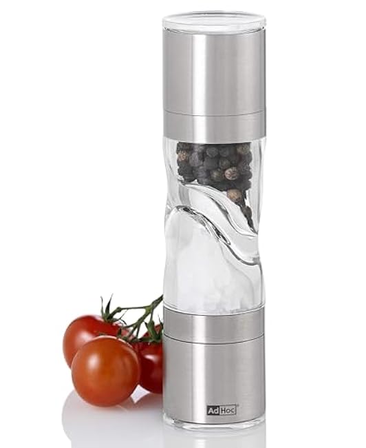 AdHoc Mini Duo Salt and Pepper Mill - Salt & Pepper Grinders with Ultra-Sharp Grinding Mechanisms - Refillable Mills & Spice Shakers with Adjustable Grinding - Stainless Steel/Acrylic