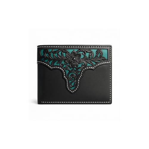 Men’s Western Leather Wallet – Laser Cut Floral Design with Teal Accent, Bi-Fold Cowboy Rodeo Style (Black)