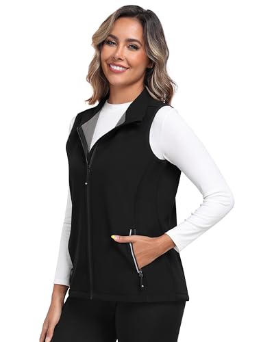 MoFiz Damen Weste Outdoor Leichte Armellose Fleece Jacke Winddichte Arbeitsweste mit Reißverschluss Schwarz L