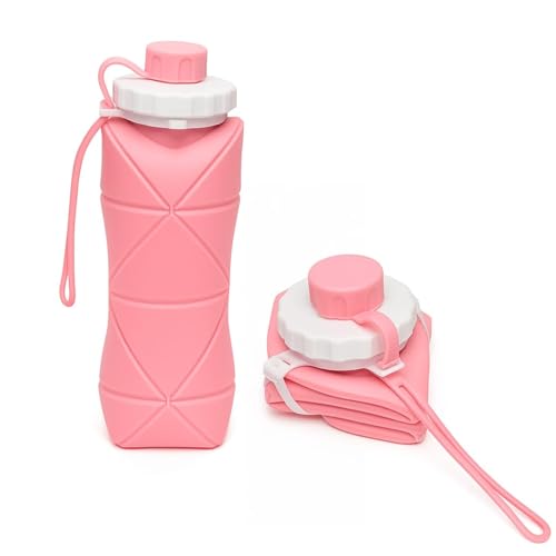 Image of Silicone Folding Water Bottle 600ML for Travel, Gym, Office, School - Food Grade, Leakproof, Lightweight & Reusable | Portable Collapsible Bottle for Men & Women (Pink)