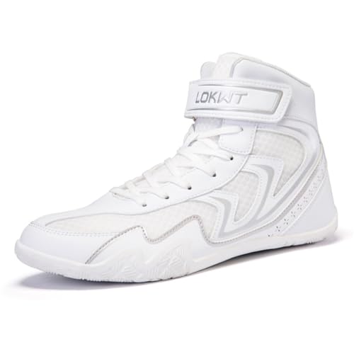 FJJLOVE Zapatos De Boxeo para Hombres, Zapatillas De Entrenamiento De Alto Rendimiento, Transpirables Y Ligeras, Tipo Bota, para Lucha, Entrenamiento Y Competición,Blanca,39 EU