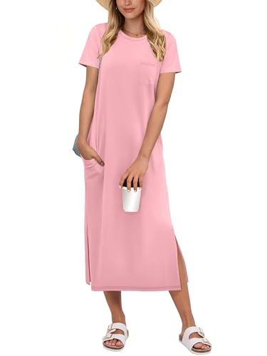 Image of ANRABESS Womens Midi Dress,Summer Long Tshirts Dresses,Short Sleeve Split Stripe,Comfy Travel Beach Vacation Casual Wear