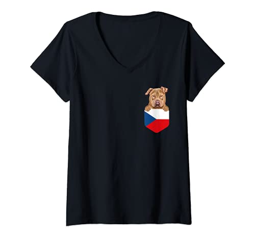 Womens Czech Republic Flag Usa Staffordshire Terrier Dog In Pocket V-Neck T-Shirt, Black