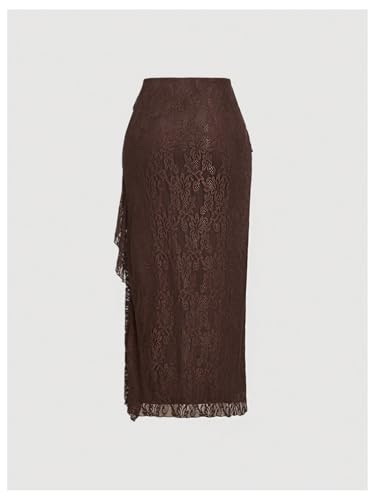 Milumia Women's Lace Ruffle Trim Skirt High Waisted Split Hem Asymmetrical Maxi Skirts2