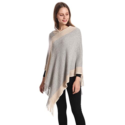 Image of Women's Elegant Knitted Shawl Poncho with Fringed V-Neck Striped Sweater Pullover Cape Gifts for Women Mom