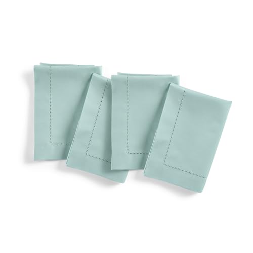 Solino Home Cotton Linen Napkins Set of 4 - Hemstitch Pastel Turquoise Dinner Napkins Cloth 20 x 20 Inch for Spring, Easter - Handcrafted and Machine Washable