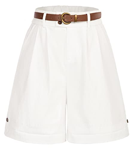 Ladies High Waisted Wide Leg Shorts Summer Linen Shorts Bermuda Shorts (White,L)