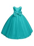 Dypaha Aqua Tulle Flower Girl Dress Pearls Satin Kids Wedding Garden Princess Ball Gowns Cute Little Girls V-Back Pageant Prom Birthday Party Bowknot Long Dress 4T