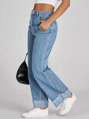 Cicy Bell Womens High Waisted Boyfriend Jeans Cuffed Raw Straight Leg Baggy Denim Pants with Pockets2