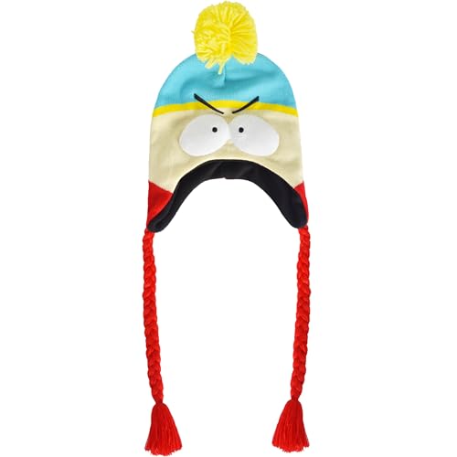 South Park Beanie Hat, Eric Cartman Peruvian Winter Knit Cap with Pom and Tassels, Turquoise, One Size