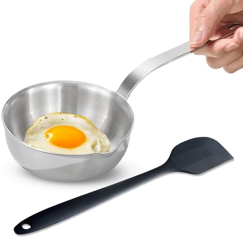 5.1 Inch Mini Frying Pan with Silicone Spatula 304 Stainless Steel Small Skillet for Single Egg Butter Warmer & Sauce Pan Induction Compatible