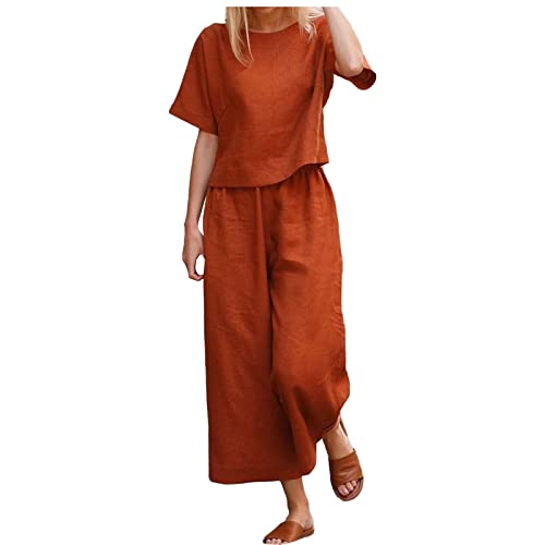 Womens 2 Piece Sets Casual Summer Matching Outfits Linen Suits Short Sleeve Crew Neck Tops Wide Leg Pants Vacation