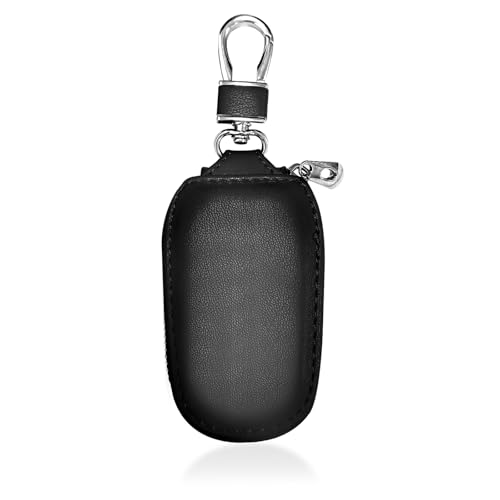 Wogomz Car Key Case Genuine Leather Auto Key Fob Protector Universal Key Fob Cover Case with Metal Hook Car Smart Keychain Holder for Remote Key Fob Vehicle Keyring Zipper Bag (Black)