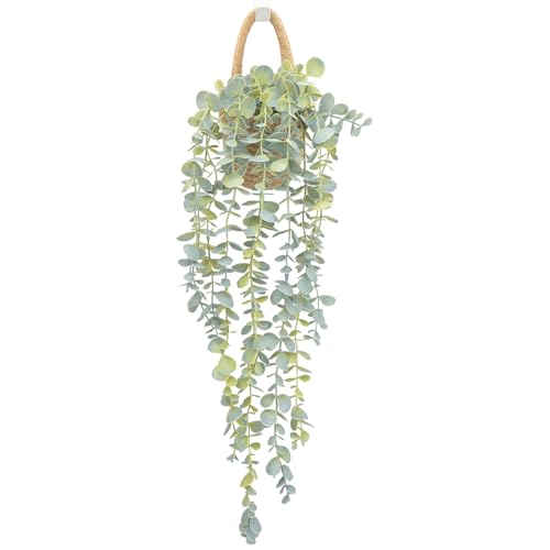 HOFMEFY Fake Hanging Plant Decor Indoor Eucalyptus Artificial Faux Plants in Wall Woven Planters Jute Hanger with Black Pot Soft Green 1PCS 23Inch Long