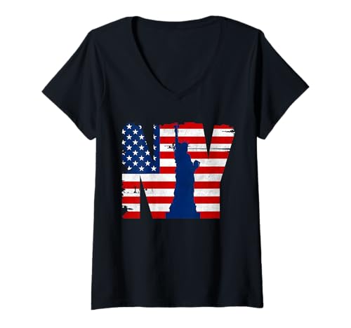 Womens Vintage New York City USA Flag Graphic Tees, New York City V-Neck T-Shirt