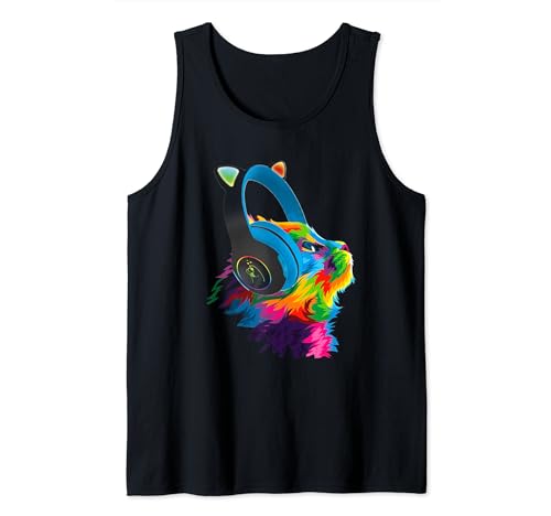 Tech-Haus mit Kopfhörern, bunt, DJ-Katze Tank Top